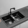 Black Kitchen Sink 2 Bowl Quartz Stone Washing Catering Sink W/ Right Drain Tray