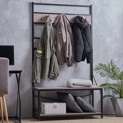 Industrial Hat Coat Stand Clothes Hanging Rack With 2 Tier Shoe Storage Bench