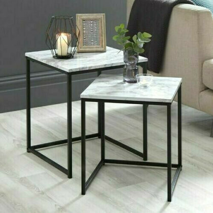 New Loft Range Modern Set Of 2 Marble Effect Nest Of Table With Metal Frame