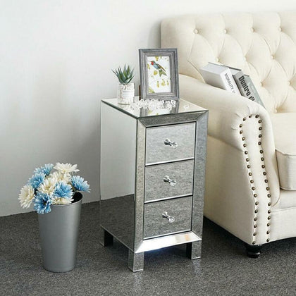Mirrored Glass Bedside Table Cabinet 3 Drawer Crystal Handles Bedroom Nightstand