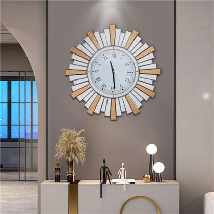 Large 60cm Round Mirror Clock Irregular Bevelled Sun Burst Mirrored Wall Clock