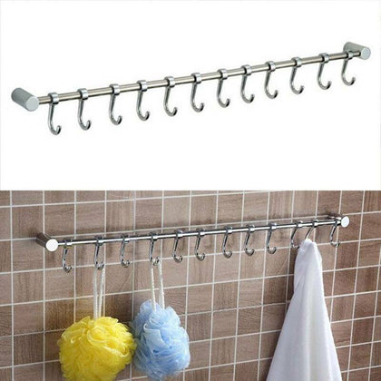12 Hooks Stainless Steel Kitchen Wall Mounted Bathroom Utensil Hanging Rack Tool