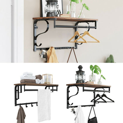Coat Rack With Storage Shelf Hanger Rail Retro Wall Mounted Clothes Hanging Unit