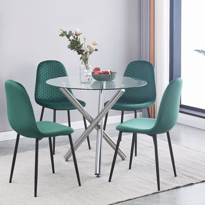 4x Green Velvet Dining Chairs Round Glass Dining Table Silver Legs Dining Set