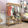 Bamboo Clothes Rail Rack Garment Closet Storage Organizer Hanging Shelf On-Wheel