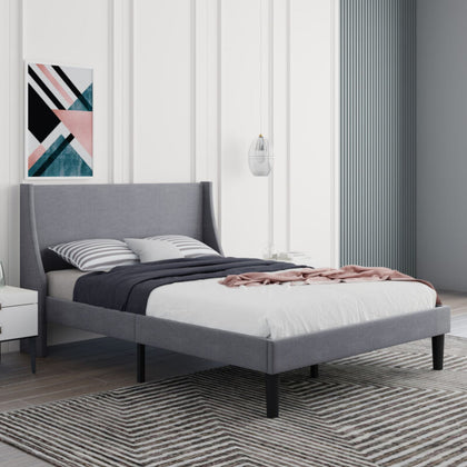 Fabric Upholstered Bed 4ft6 Double Size Bed Frame with Wing Headboard in Grey