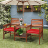Outdoor 2-Seater Wooden Cushioned Chair 2 Tier Middle Tea Table W/Umbrella Hole