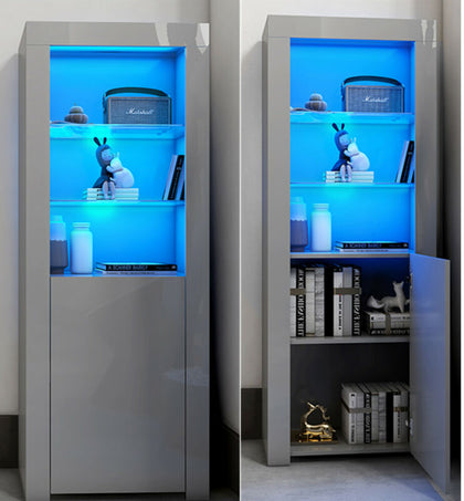 Grey High Gloss Doors Tall Display Cabinet Cupboard Sideboard with LED Lights