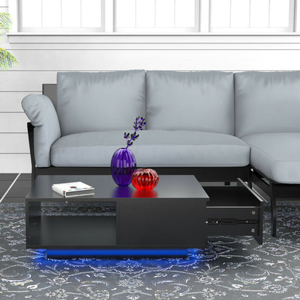 High Gloss Coffee Table Wood Drawer Storage Modern LED Light Black Cabinet MDF