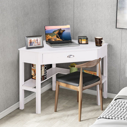 Corner Desk Computer Table Home Office Writing Workstation w/ Drawer & Shelves