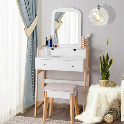 Vanity Dressing Table Set Make up Table Desk Cushioned Stool w/ Large Mirror