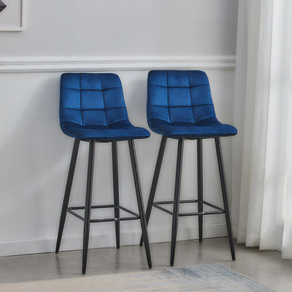 2 Pcs Bar Stools Blue Velvet with Backrests and Metal Legs Home Kitchen