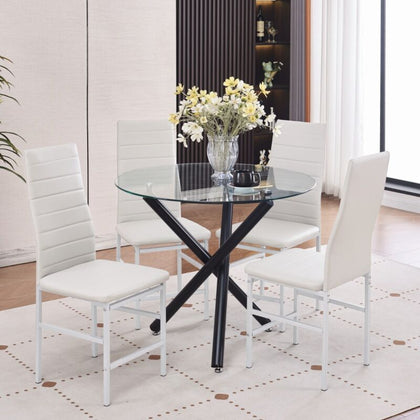 4x White Faux Leather Dining Chairs & Round Glass Dining Table Black Metal Legs