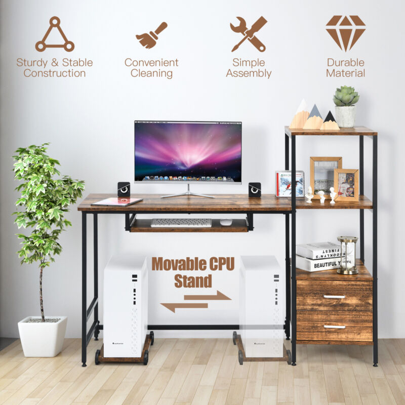 3 Level Computer Desk Wooden Computer Desk 3-Tier Shelves Computer Workstation W/ CPU Stand ...