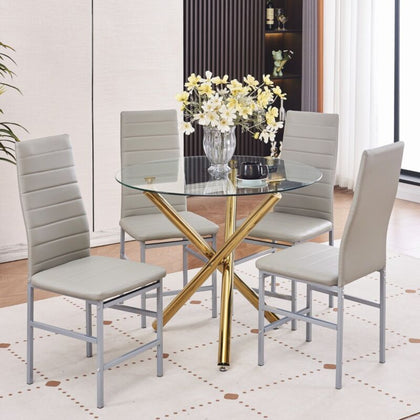 4x Grey Faux Leather Dining Chairs & Round Clear Glass Dining Table Golden Legs