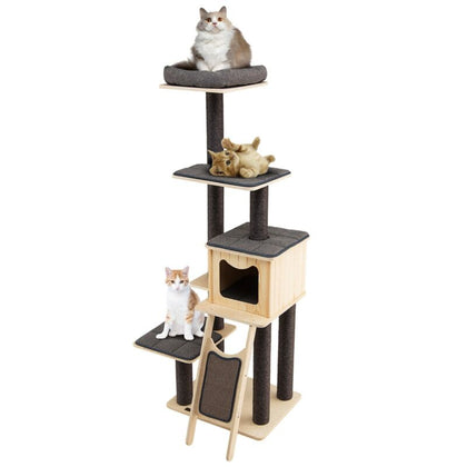 5-Tier Wooden Cat Tower Tall Cat Tower w/ Scratching Sisal Posts and Top Perch