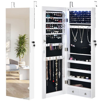 LED Lights Jewelry Cabinet Lockable Wall/Door Mounted Jewelry Armoire W/ Mirror
