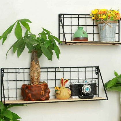 2X Retro Industrial Style Wall Shelf Shelving Unit Metal Wood Storage Rack Black
