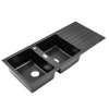 Black Kitchen Sink 2 Bowl Quartz Stone Washing Catering Sink W/ Right Drain Tray