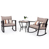 Outdoor 3 PCS Patio Rattan Wicker Rocking Bistro Set W/ Glass Table & Cushions