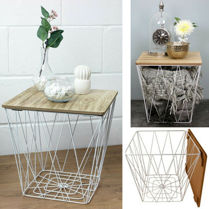 Geometric White Wire Square Wooden Side Basket Storage Unit Coffee Table Bedroom