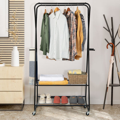 Rolling Garment Rack Metal Clothing Rail Multi-Purpose Clothes Organizer 2-Shelf