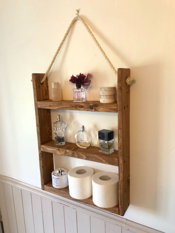Rustic Hanging Ladder Shelf With Rope Medium Oak Quildinc