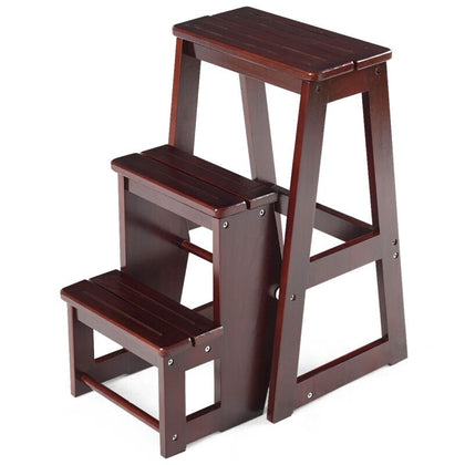 3-Tier Folding Step Stool 3-in-1 Wooden Stepladder Portable Display Flower Shelf