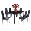 Modern Tempered Glass Black Dining Table Set with 6 Chairs Faux Leather Seat Kit