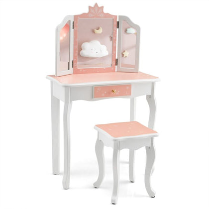 2 in 1 Kids Vanity Table and Chair Set Makeup Dressing Table W/ Mirror & Drawer
