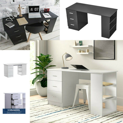 Office Computer Desk PC Table Beech Corner w/ 3 Shelf & Drawers White Black Unit