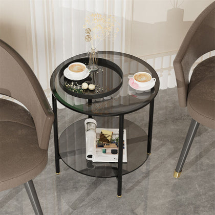 Modern Round 2-Tier Tempered Glass Coffee Table Clear Accent Side Table Storage