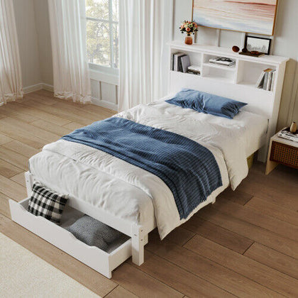 Wooden Storage Bed Frame with Bookcase Shelves Underbed Drawer QR