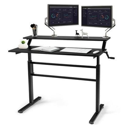 Two-Tier Sit to Standing Desk Height Adjustable Laptop Table w/Crank Handle Home