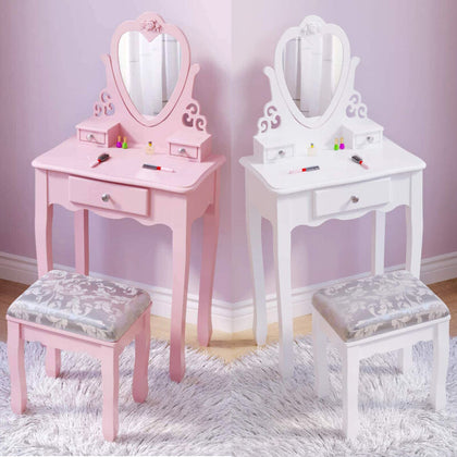 Kids Wooden Fantasy Dressing Table Vanity Set W/3 Drawers&Stool&
