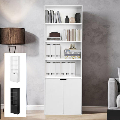 6 Tier Bookcase With 2 Door Cupboard Cabinet Storage Shelving Display Wood Shelf