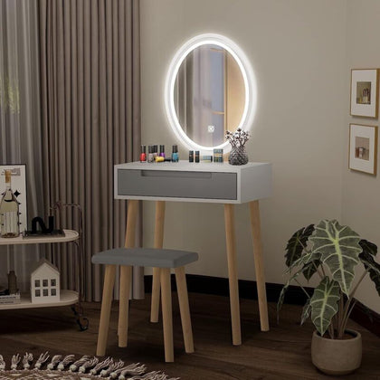 Dressing Table Vanity Set Make up Desk with LED Dimmable Light Mirror Stool Grey