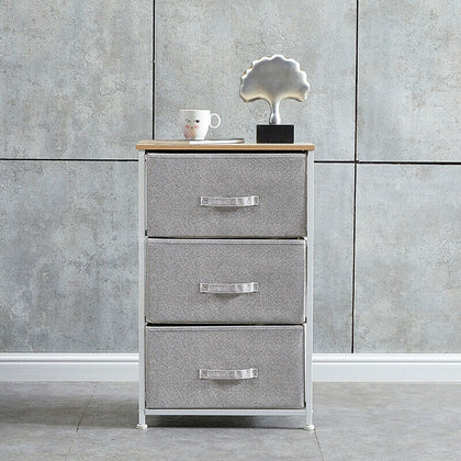 Fabric 3 Chest Of Drawer Grey Side Table Storage Cabinet Unit Organiser Bedroom