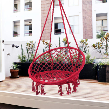 Red Boho Hanging Hammock Chair Cotton Woven Rope Swing Home Garden Chair Seat