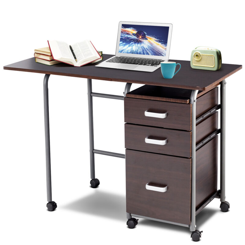 Folding Computer Desk Wheeled PC Laptop Table Writing Workstation with ...