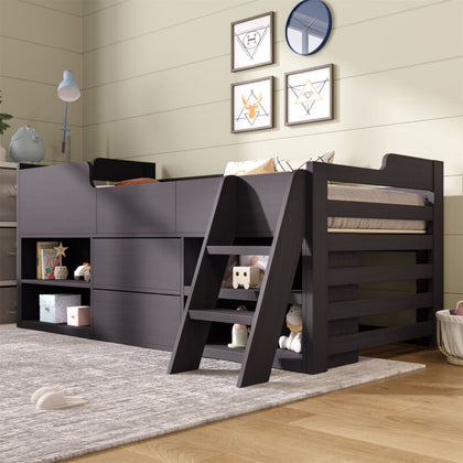 Kids Wooden Cabin Bed Mid Sleeper Bed Frame Storage Bed with Drawers and Shelves