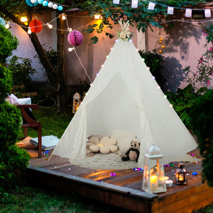 Lace Teepee Tent Sheer Lace Tipi Canopy Colorful Light Strings Indoor Outdoor