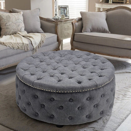 Large Round Upholstered Stool Coffee Table Stand Pouf Chair Pouffe Footrest Grey