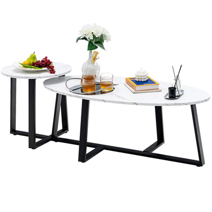 Set of 2 Modern Coffee Nesting Table Set Oval & Round Table Solid Steel Legs