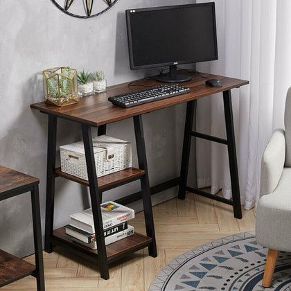 Nordic Vintage Office PC Computer Desk Small With Shelves Industrial Metal Frame