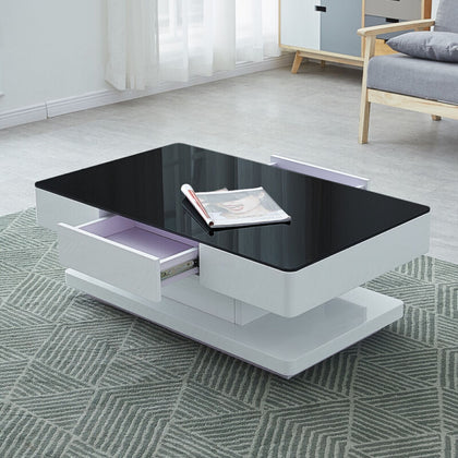 Black Glass Coffee Table White High Gloss Table with Storage Drawers Home Office