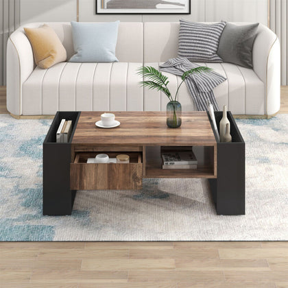 Wooden Coffee Table With Storage Drawer and Shelf Modern Living Room Furniture