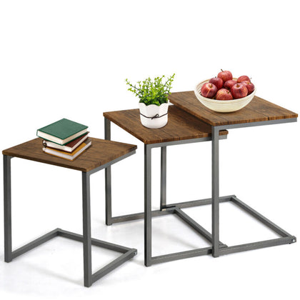 Stackable Nesting Tables Set of 3 Industrial Coffee Snack End Table C-Shaped