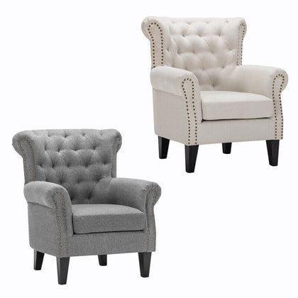Retro Fabric Upholstered Armchair Tufted Wing Back Fireside Reception Sofa Chair