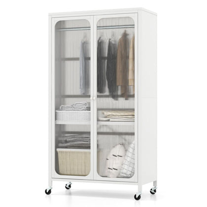 Mobile Storage Wardrobe Cabinet Armoire Closet Clothes Organizer w/ Hanging Rod